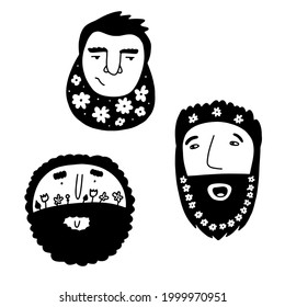 Doodle Male Faces Flowers Beards Hair Stock Vector (Royalty Free