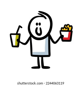 Doodle male teenager  holding  carbonated drink and  basket of popcorn goes to the cinema. Vector illustration of  young man watching  movie.