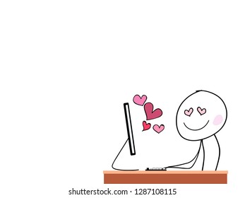 doodle man  with computer and pink heart "love " concept  cartoon 