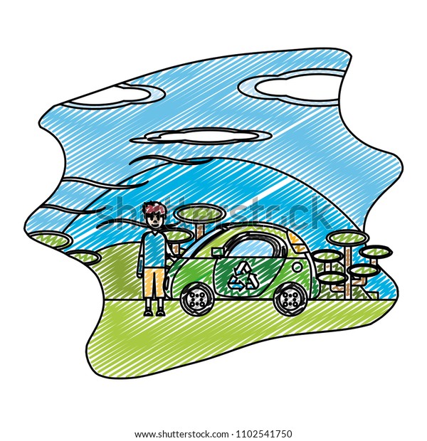 doodle man\
with ecology car in the nature\
landscape
