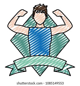 doodle man exercise training emblem and ribbon