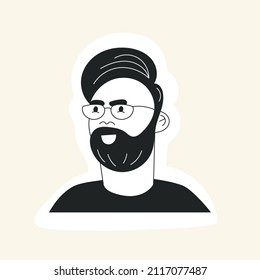 Doodle man face avatar with mustache beard haircut and glasses. Hipster guy portrait sticker with trendy hair. Hand drawn black and white flat vector illustration. Fashion bearded man face icon