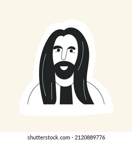 El hombre garabato enfrenta un avatar con bigote y barba y pelo largo. Etiqueta de retrato de hipster de moda. Ilustración vectorial en blanco y negro aislada sobre fondo blanco. Icono de la cara del hombre barbudo de moda