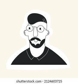 Doodle man face avatar with mustache beard haircut and glasses. Hipster guy portrait sticker with trendy hair. Hand drawn black and white flat vector illustration. Fashion bearded man face icon
