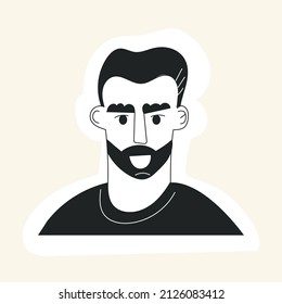 El hombre de perro se enfrenta a un avatar con barba de bigote y corte de pelo. Un retrato tipo hipster con el pelo de moda. Ilustración de vector plano en blanco y negro dibujada a mano. Icono de la cara del hombre barbudo de moda