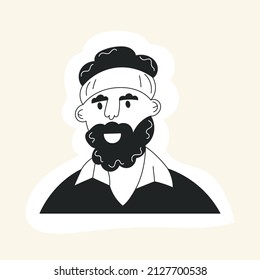 El hombre de perro se enfrenta a un avatar con barba de bigote y corte de pelo. Un retrato tipo hipster con el pelo de moda. Ilustración de vector plano en blanco y negro dibujada a mano. Icono de la cara del hombre barbudo de moda