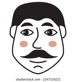 Doodle man face with a mustache.Hand-drawn line people.Avatar face.Isolated on white background. Outline vector illustration.