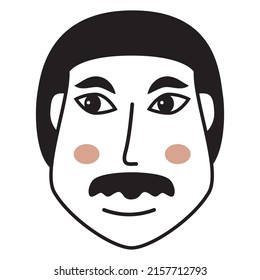 Doodle man face.Hand-drawn line people. Asian man with a mustache.Avatar face.Isolated on white background. Outline vector illustration.