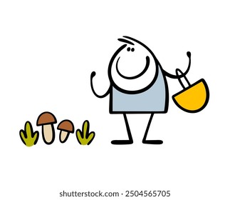 Doodle man found a lot of mushrooms in the forest. Vector illustration of  collector and a hunter. Cartoon stickman holds an empty basket and rejoices in the loot.  Funny walk in nature.