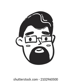 Doodle man with glasses. Elderly character, rotets, stylish and smart person. Beautiful minimalistic logo for companies, branding. Cartoon flat vector illustration isolated on white background