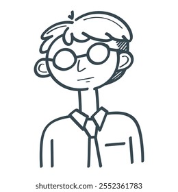 Doodle Man with Glasses: Uma ilustração simples, desenhada à mão de um homem usando óculos e uma gravata, capturando uma vibração caprichosa e amigável. Perfeito para adicionar um toque de personalidade aos seus projetos.