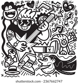 doodle of a man with a guitar, in the style of playful characters, acidwave, lively tavern scenes, fluid and organic shapes, made of all of the above, kid core, lively tableaus ,Illustration Vector 