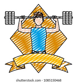 doodle man lifting weights emblem with ribbon