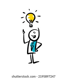 Doodle man and lighting bulb shouing good idea. Vector illustration in simple hand drawn style.