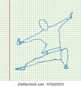 Doodle man make physics exercises. Hand drawn vector stock illustration. Sheet ball pen drawing.