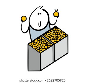 Doodle man in the market stands behind a counter and sells vegetables and fruits. Vector illustration of cartoon vendor and a mountain of oranges, apples, tangerines.