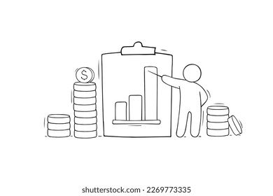 Doodle man with money and graph. Business success, investment portfolio growth, revenue increase concept. Vector hand drawn illustration of management team, coins and diagram