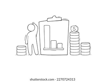 Doodle man with money and graph. Business success, investment portfolio growth, crisis concept. Vector hand drawn illustration of management team, coins and diagram