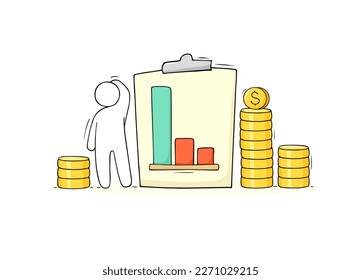 Doodle man with money and graph. Business success, investment portfolio growth, crisis concept. Vector hand drawn illustration of management team, coins and diagram