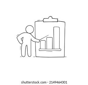 Doodle man pointing on clipboard with graph. Business success, investment portfolio growth, revenue increase concept. Vector hand drawn illustration of management, strategy, diagram