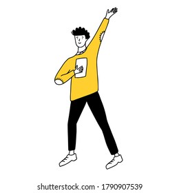 Doodle man with raised hand in yellow sweater and black pants. Simple line drawing of student with book. Vector joyful character.