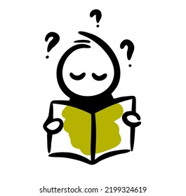 Doodle man reading smart book and ask questions. Vector sketch in simple hand drawn style.