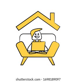 doodle man sitting on sofa and working with laptop for work from home concept yellow doodle theme