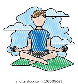 doodle man sitting yoga position in the landscape