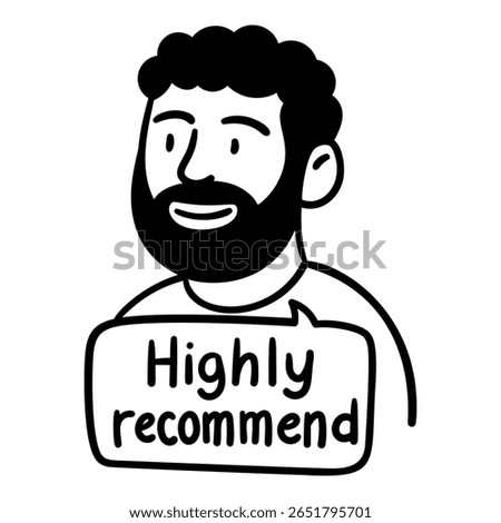 Doodle man with speech bubble Highly Recommend. Hand drawn illustration for testimonial and review templates. Isolated on transparent background. 