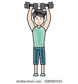 doodle man with sport clothes and dumbbles up