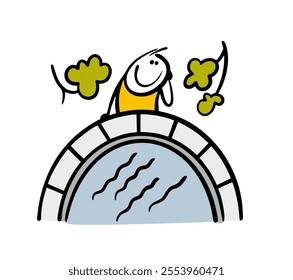 Doodle man stands on a bridge over a river and admires nature. Vector illustration of a stickman enjoying a view in the park. Isolated cartoon on white background.