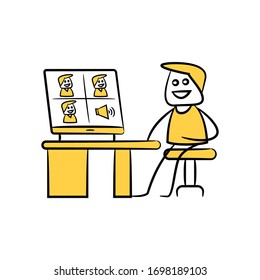 doodle man teleconference, working from home yellow doodle theme