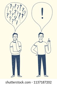Doodle man thinking and having an idea. Question and answer cartoon illustration for your design. 