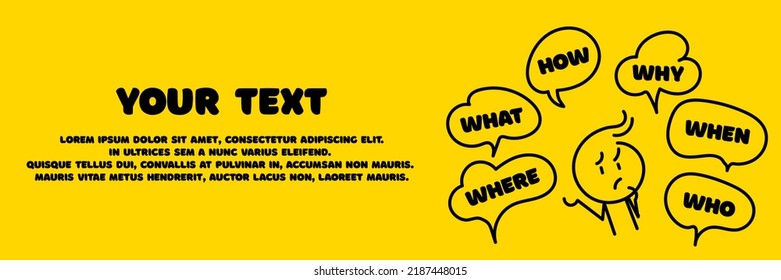 Doodle Mann dachte. Er hat viele Fragen im Kopf. Brainstorming-Konzept. Was, wie, warum, für was und wo. Stelle für deinen Text. Business-Web-Banner.