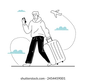 A doodle man walking with a suitcase and a phone in his hand at the airport. The concept of a lone traveler.