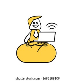 doodle man working with laptop and sitting on cloud network for work from home concept yellow doodle theme