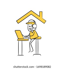 doodle man working with laptop for work from home concept yellow doodle theme