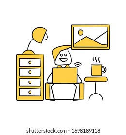 doodle man working with laptop for work from home concept yellow doodle theme