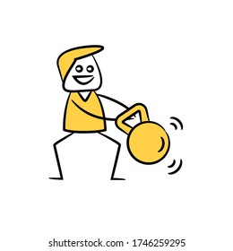 doodle man working out with dumbbell yellow stick figure theme