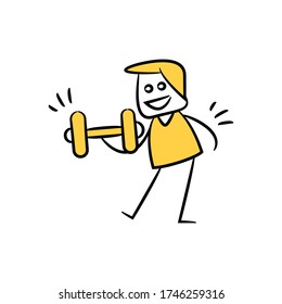 doodle man working out with dumbbell yellow stick figure theme
