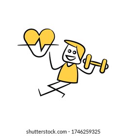 Doodle-Mann, der mit einer Hantel und gelben Mittelklassigkeitsgelben Strichfigur arbeitet