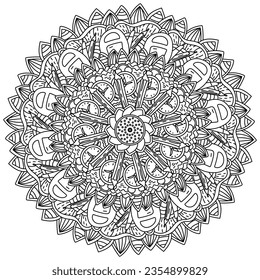 Doodle mandala about school attributes, zen coloring page with ornate petals and objects on an educational theme vector illustration