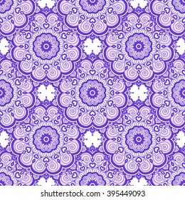 Doodle mandala with abstract heart ornament. Vector hand drawn seamless pattern. Violet and white colors.