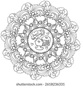Doodle mandala with accessories for baby sleep, meditative coloring page vector illustration for a baby shower party or holiday activity