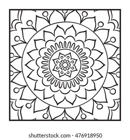 Doodle mandala coloring page. Outline floral design element. Coloring book pattern. Decorative round flower. Anti-stress therapy pattern on white background. Meditation poster. Vector illustration.