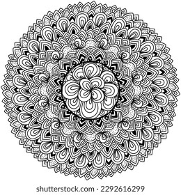 Doodle mandala with contour motifs, intricate elements and patterns, meditative coloring page vector illustration