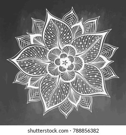 Doodle mandala flower on chalkboard. Outline floral design element. Decorative round flower. Anti-stress therapy pattern on black background. Meditation poster. Vector illustration