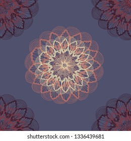 doodle mandala flower seamless pattern in blue retro shades