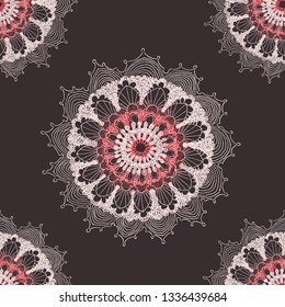 doodle mandala flower seamless pattern in retro brown shades