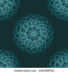 doodle mandala flower seamless pattern in deep blue shades